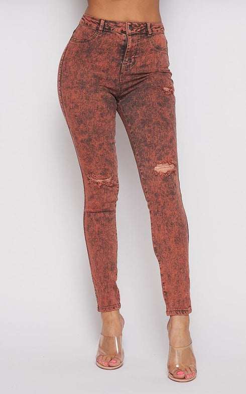 Acid Wash Slightly Ripped Stretchy Skinny Jeans - Orange - SohoGirl.com